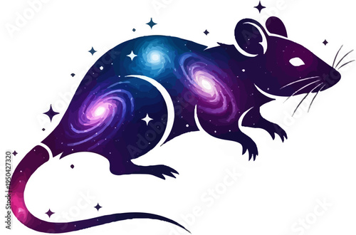 A stylized rodent filled with swirling galaxies, stars, and cosmic nebulae