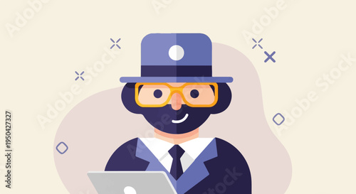 A stylized hacker in a suit and hat holds a laptop, surrounded by playful shapes
