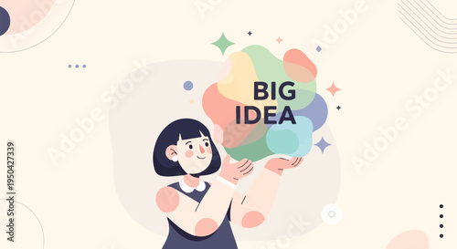 A woman holds a colorful cloud with "BIG IDEA" text