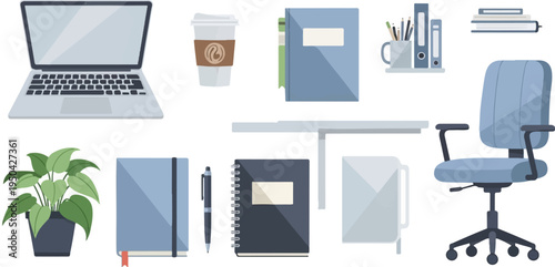A stylized collection of office supplies, including a laptop, chair, and books