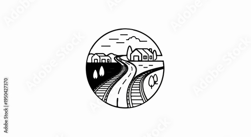 A stylized circular graphic depicts a winding road and train tracks leading past houses