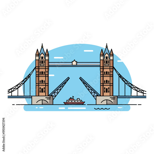 A cartoon depiction of a famous bridge with open bascules to allow boat passage. A small boat sails on the river. The artwork features simple shapes and bold lines