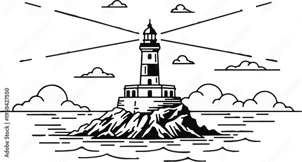 Fototapeta premium A stylized illustration of a lighthouse on a rocky island, casting beams of light across the sea under cloudy skies