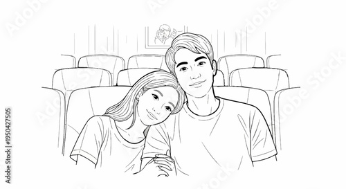 A young couple holds hands and smiles while sitting in a cinema