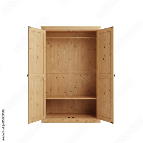Open wooden wardrobe isolated on white background