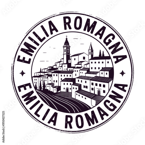 Emilia Romagna circular emblem featuring a townscape and rolling hills