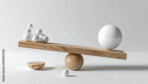 A wooden seesaw tilts under weight, with one large white sphere outweighing a cluster of smaller spheres, symbolizing balance, leverage, and force in motion.