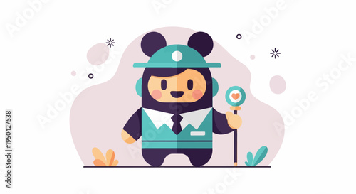 A stylized character in a hat and suit, holding a heart-shaped lollipop