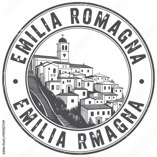 Vintage style circular emblem of emilia romagna italy with town illustration