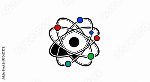 Abstract atomic structure with orbiting colored particles on white background