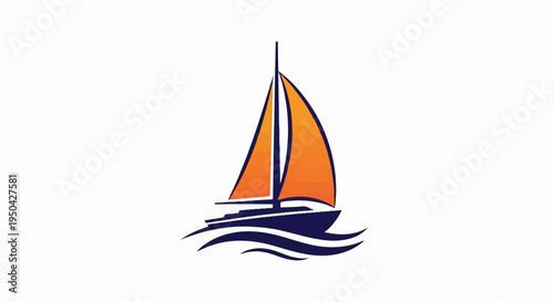 A stylized sailboat with orange sails glides across blue waves