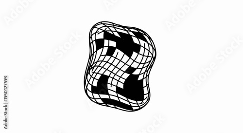 Abstract black and white geometric shape with warped grid pattern