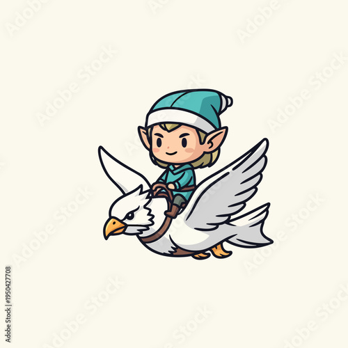 A cartoon elf rides a white bird with a yellow beak. The elf wears a teal tunic and hat and is riding with a brown strap