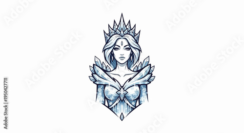 A stylized illustration of a woman with a crown and dress made of ice