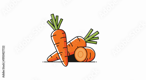 A stylized illustration of fresh carrots with green tops, some whole and one sliced