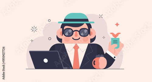 A stylized person in a suit and hat uses a laptop and holds a small plant