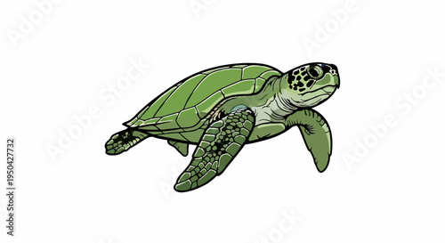 A stylized green sea turtle glides through clear water with a white background