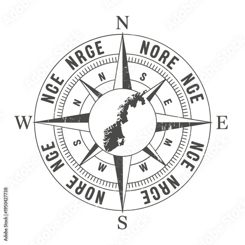 Vintage compass rose displaying the outline of the island of Iceland