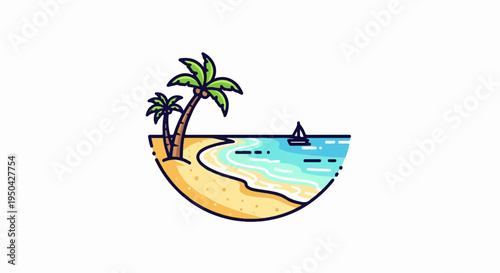 A stylized island with palm trees, sandy beach, and a sailboat on the ocean