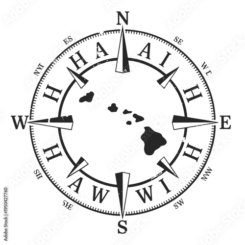Vintage compass rose design featuring the islands of hawaii