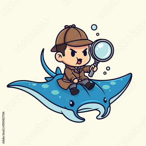 A cartoon detective with an intense expression rides a blue manta ray. He is holding a magnifying glass. There are bubbles around them