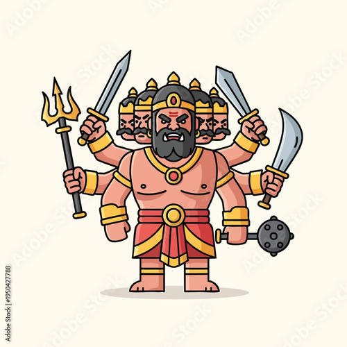 A cartoon depiction of a multi-headed figure wielding weapons. It has multiple arms, holds a trident, swords, and a mace, and is adorned with red and gold details