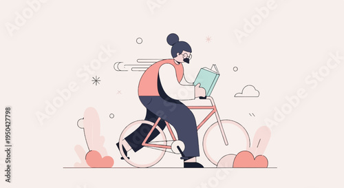 A stylized person on a bicycle reads a book while riding