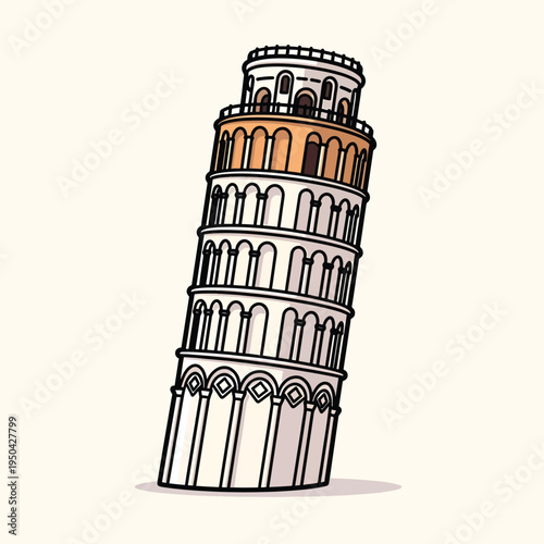 A cartoon depiction of a famous leaning tower, with white, beige, and brown color scheme and black outlines, set against a plain beige background
