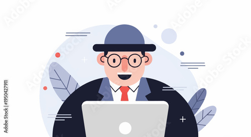 A stylized man in a hat and glasses smiles while using a laptop