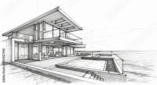 Detailed architectural sketch of a modern waterfront house with large windows and a spacious outdoor patio overlooking the ocean.