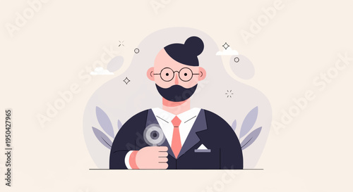 A stylized man in a suit and tie holds a magnifying glass, looking closely