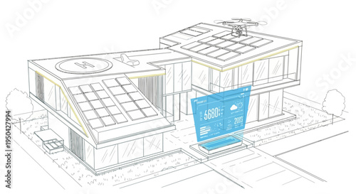 Modern smart building with solar panels, a drone, and a holographic interface displaying data.