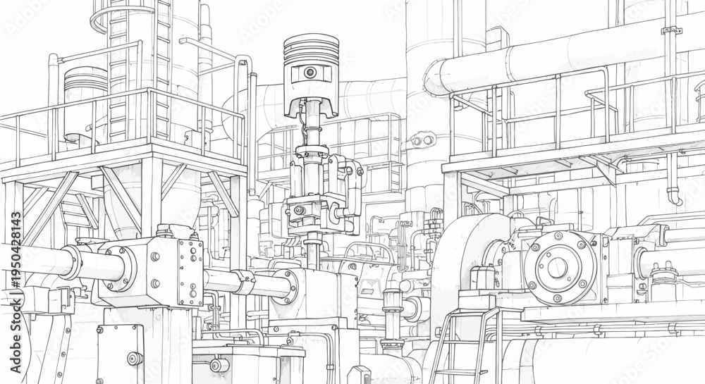 Fototapeta premium Detailed line drawing of complex industrial machinery with pipes, valves, and a large engine piston in a factory setting.