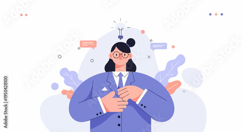 Businesswoman with idea bulb, chat bubbles, and abstract floral elements