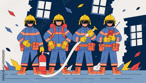 Four firefighters in full gear standing in various poses, holding equipment, ready for action. vector
