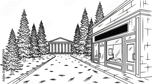A wintry street scene with tall trees, classical building, and storefront