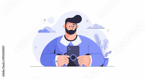 A stylized man with glasses and beard holds a smartphone