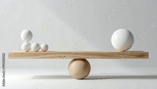 A wooden seesaw tilts under weight, with one large white sphere outweighing a cluster of smaller spheres, symbolizing balance, leverage, and force in motion.