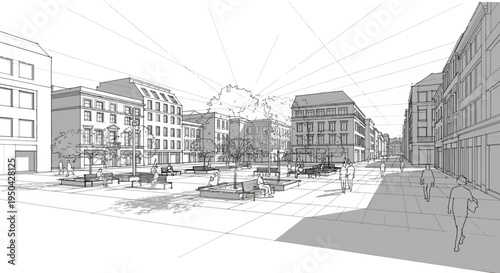 Architectural sketch of a modern city square with buildings, trees, benches, and people walking, showcasing urban design.