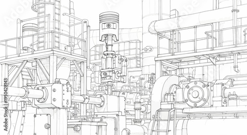 Detailed line drawing of complex industrial machinery with pipes, valves, and a large engine piston in a factory setting.