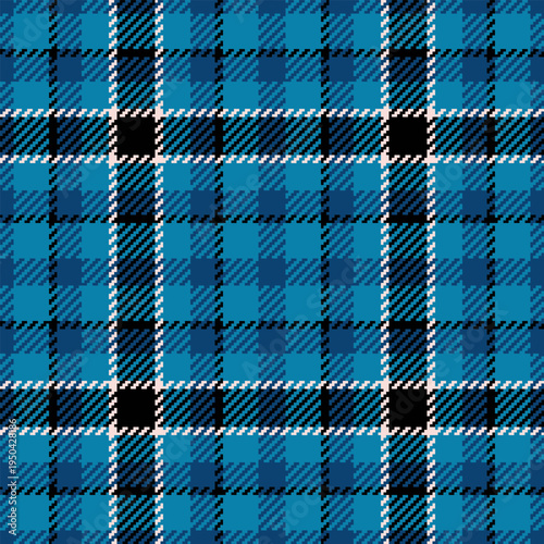 Gift paper tartan seamless pattern, xmas texture fabric check. Male background textile vector plaid in cyan and black colors.