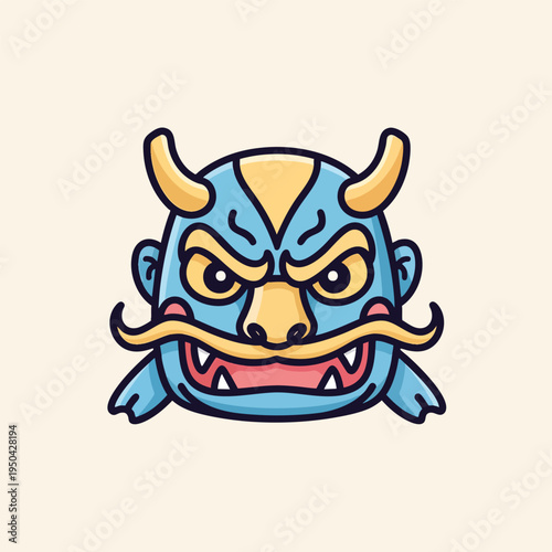 A cartoon creature with horns, angry expression, and thick mustache. It's in blue and yellow colors, with a beige background. The lines are thick