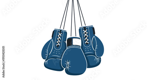 Three blue boxing gloves hanging on strings against a white background