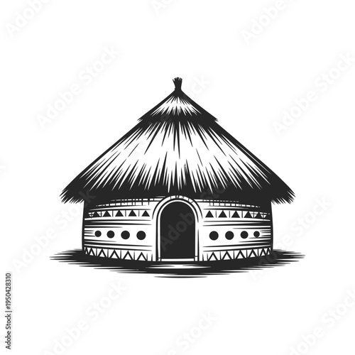 A detailed black and white illustration of a traditional thatched roof hut