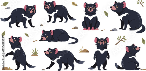 Tasmanian Devil Cartoon Character Set Featuring Standing, Walking, Sitting, and Resting Poses of Australian Wildlife Marsupial in Natural Habitat.