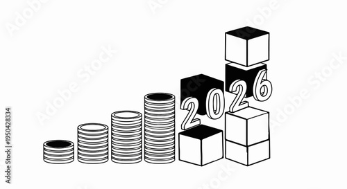 Ascending stacks of coins and cubes with the year 2026