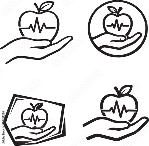 Healthy nutrition concept with apple and heartbeat pulse line in caring hand