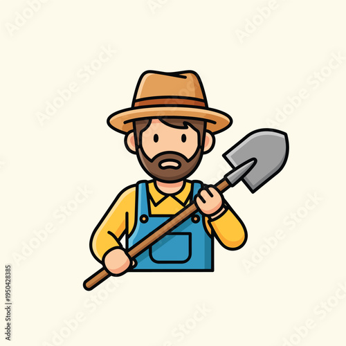 A cartoon depiction of a farmer wearing overalls and a hat, holding a shovel, standing with a neutral background. The figure has a beard