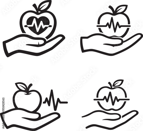  Healthy food concept with hand holding apple and heartbeat line representing wellness