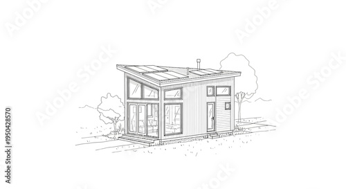 Line drawing of a modern, energy-efficient tiny house with solar panels and large windows in a natural setting.